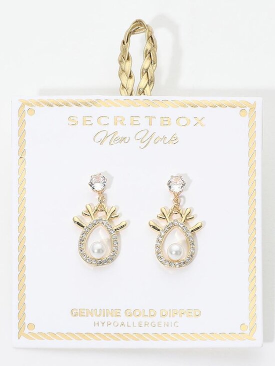 Secret Box Jewelry - Pearl Reindeer Charm Dangle Earrings - Gold Dipped